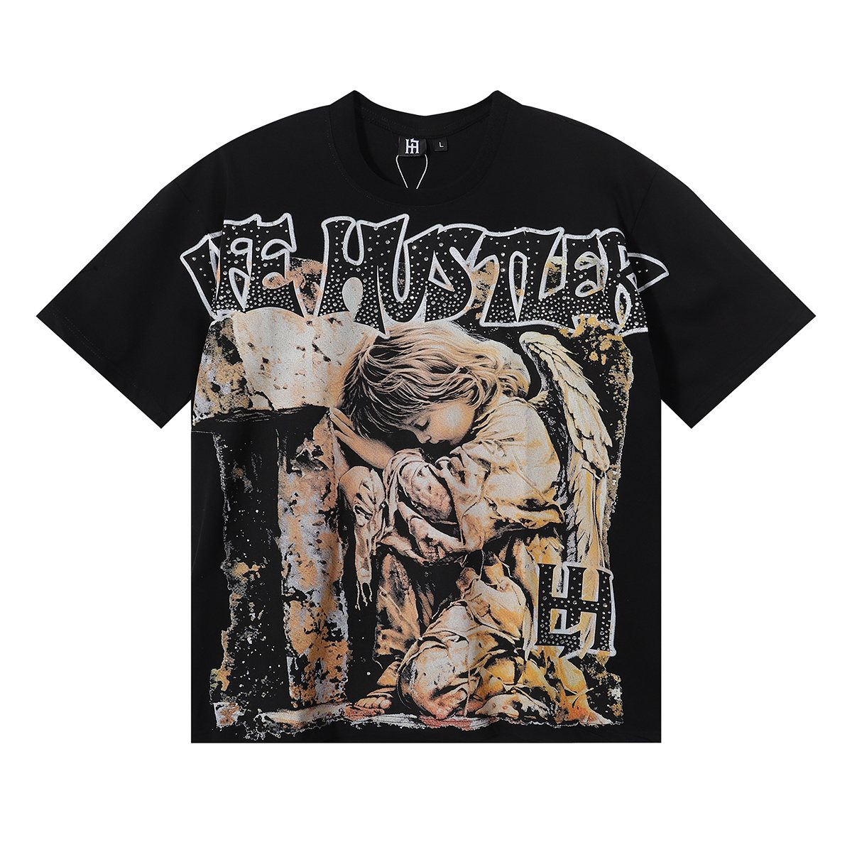 Life Hustlere Praying Angel Rhinestone Graphic T-Shirt — front