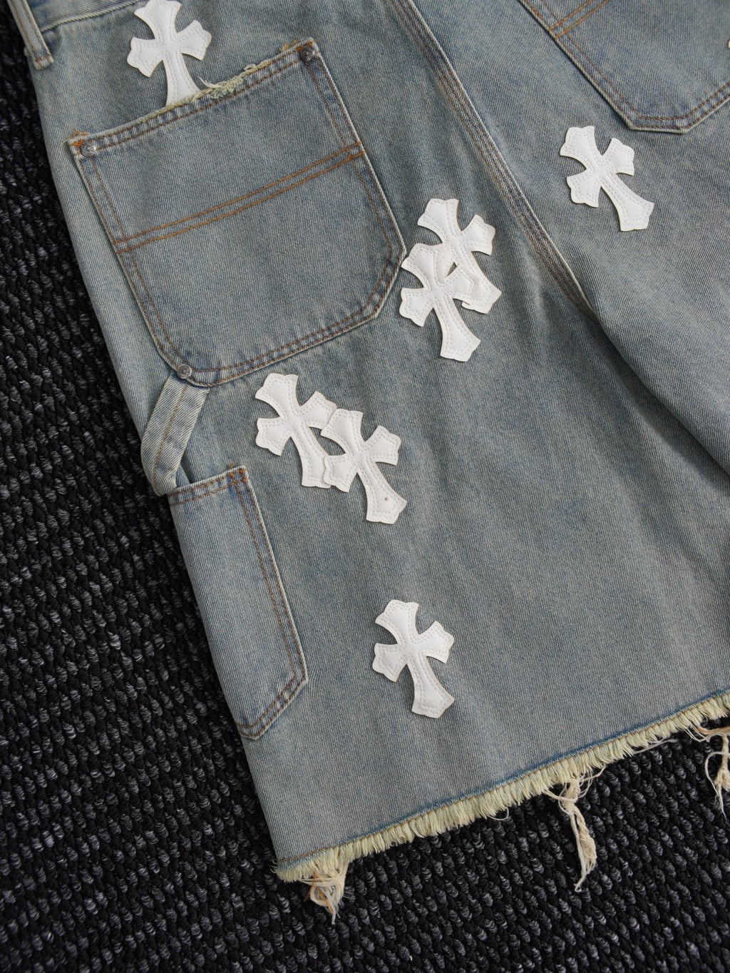 Chrome Hearts Cross Patch Light Blue Denim Shorts — detail